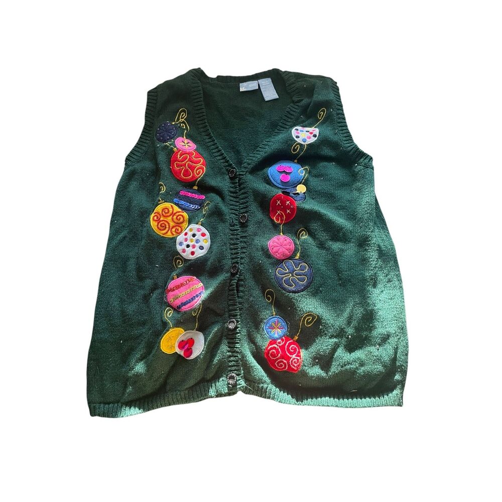 Vintage 90s Green Christmas Holiday Cardigan Sweater Vest Ugly Christmas Sweater